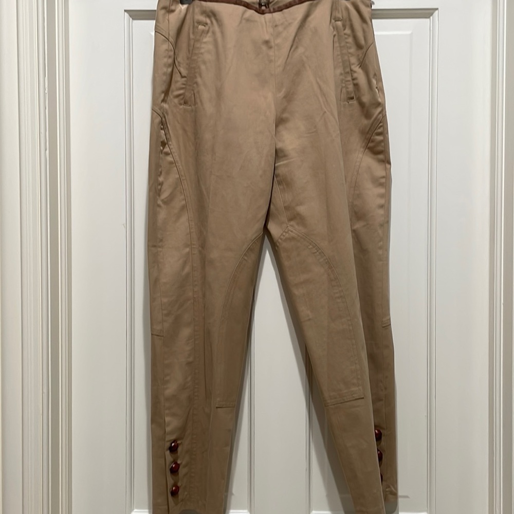 Faconnable Cotton Lycra Leather Tan Pants Sz 6 Beautifully Tailored